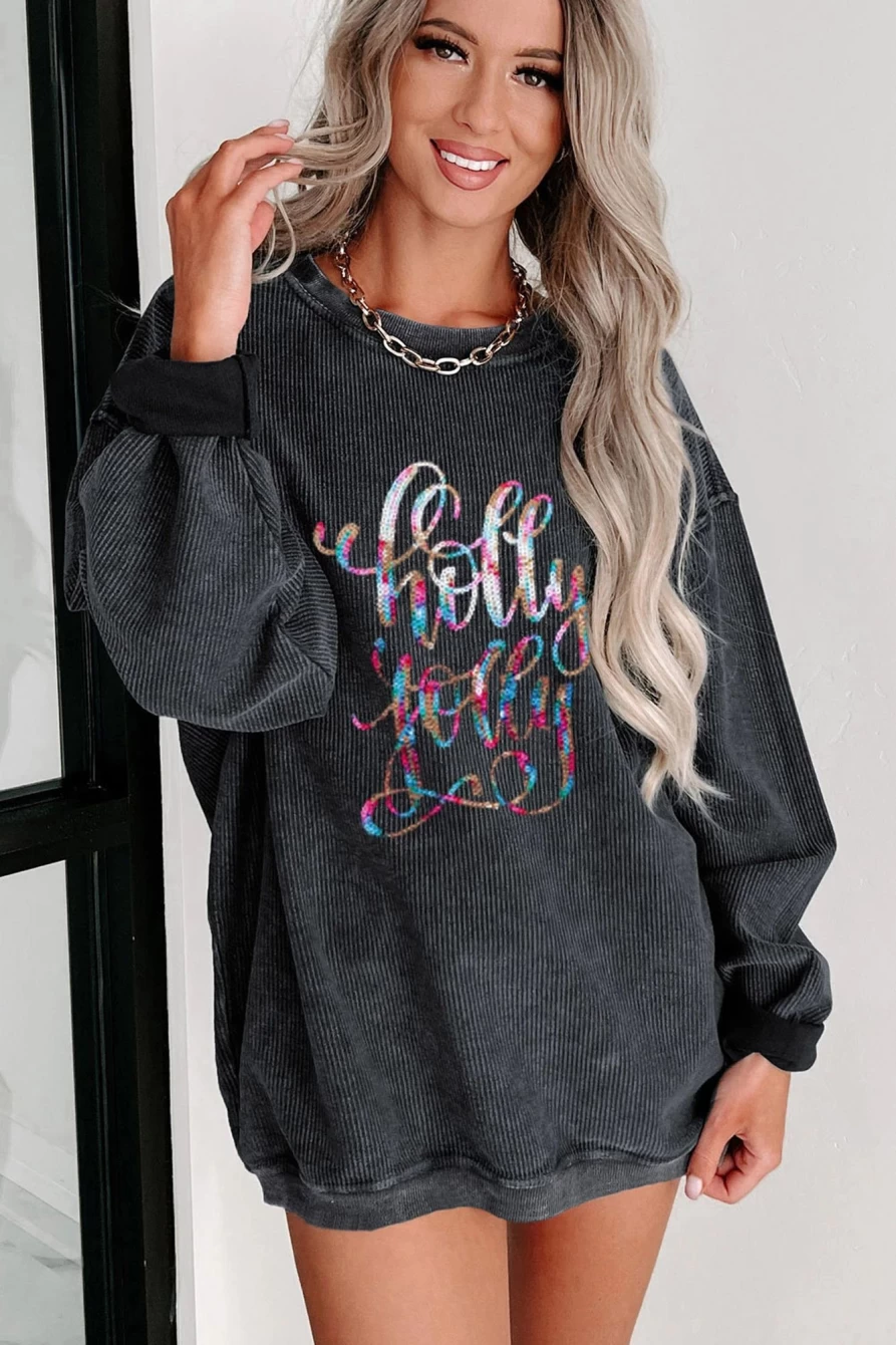 Shewin Women's Black Holly Jolly Letter Print Graphic Sweatshirt - Festive Crewneck Pullover