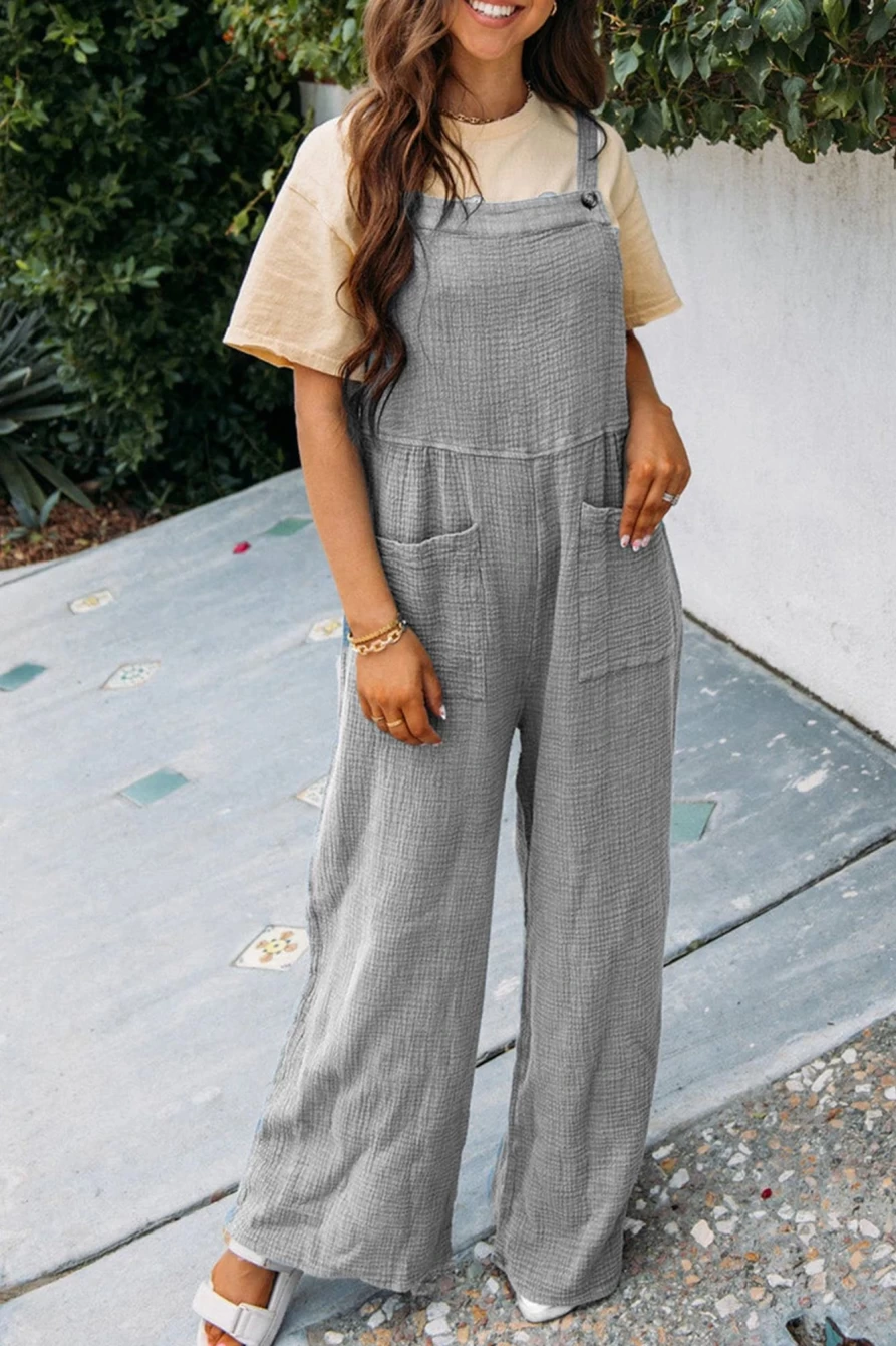 Shewin Women's Gray Textured Wide Leg Overalls with Pockets - Stylish & Comfortable