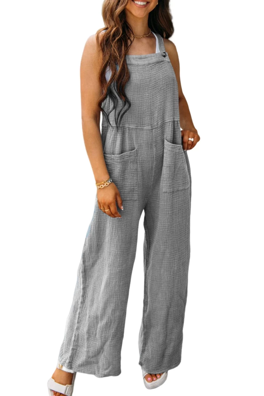 Shewin Women's Gray Textured Wide Leg Overalls with Pockets - Stylish & Comfortable