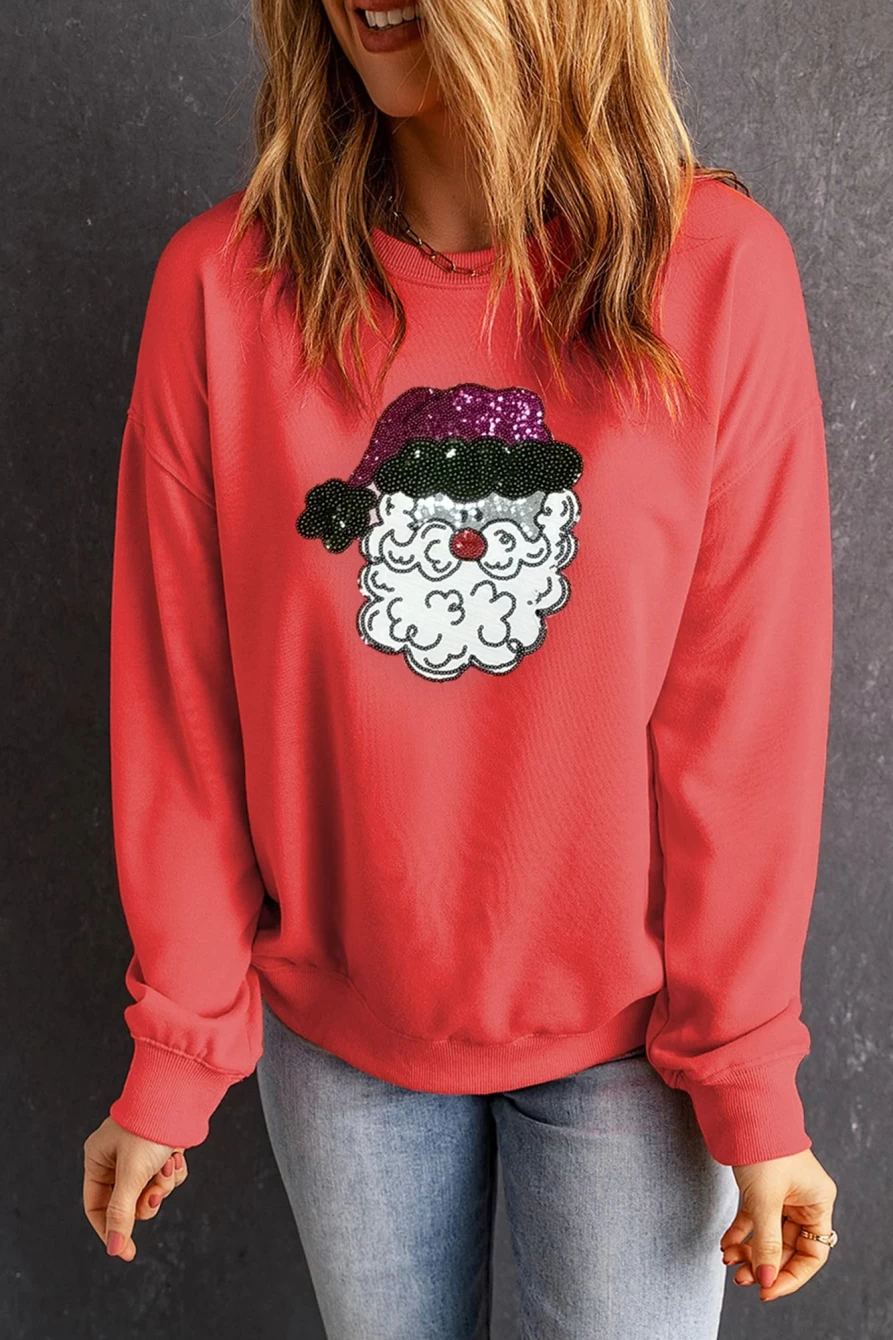 "SheWin Women's Red Sequin Santa Christmas Sweatshirt - Festive Holiday Graphic Pullover"