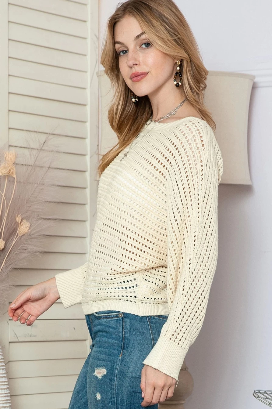 Shewin Women's Apricot Open Knit Bracelet Sleeve Sweater