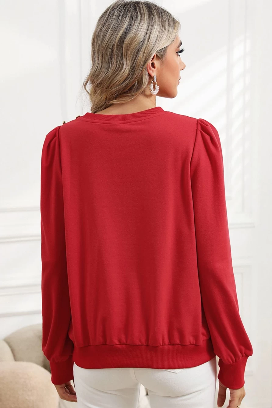 Shewin Women's Red Merry Graphic Button Tab Bishop Sleeve Top