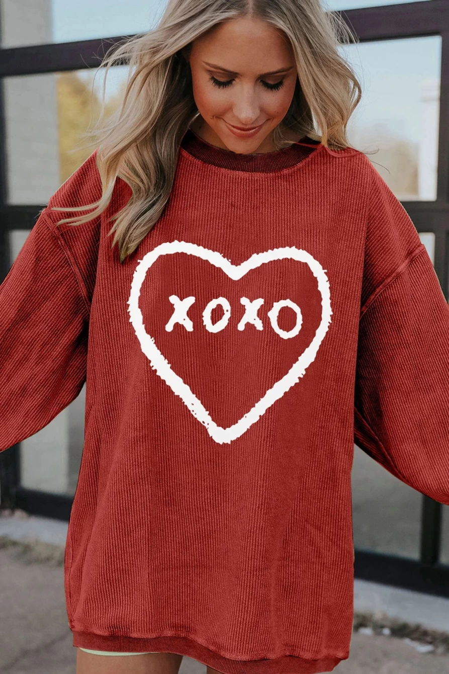"SheWin Women's Racing Red Heart Graphic Sweatshirt - XOXO Design with Comfort Fit"