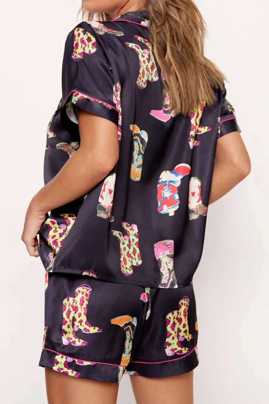 Shewin Women's Black Boots Print Button-Up Pajama Set with Shorts