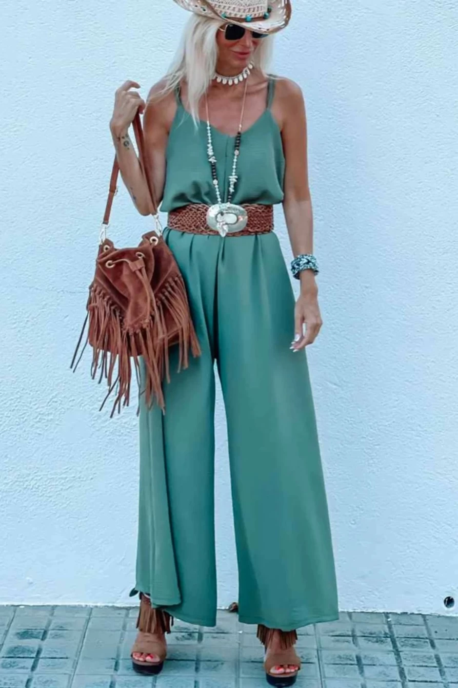 Shewin Women's Green V-Neck Sleeveless Wide Leg Jumpsuit - Basic Casual Romper