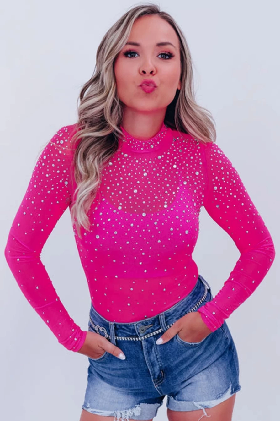 Shewin Women's Rose Red Rhinestone Mesh Long Sleeve Bodysuit - Sparkling Elegant T-Shirt Top