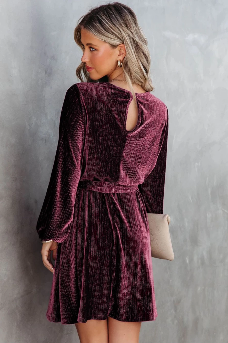 SheWin Women's Red Crinkled Velvet Mini Dress with Belt & Puff Sleeves