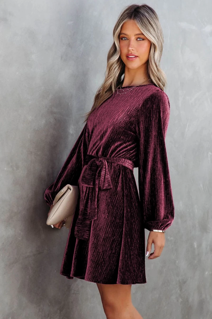 SheWin Women's Red Crinkled Velvet Mini Dress with Belt & Puff Sleeves
