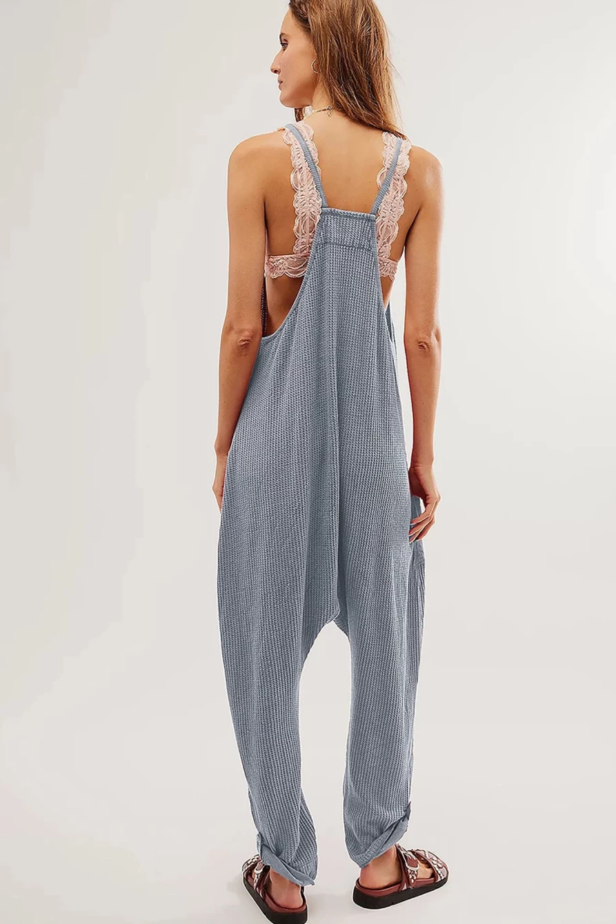 Shewin Women's Gray Waffle Knit Jumpsuit with Spaghetti Straps and Pockets