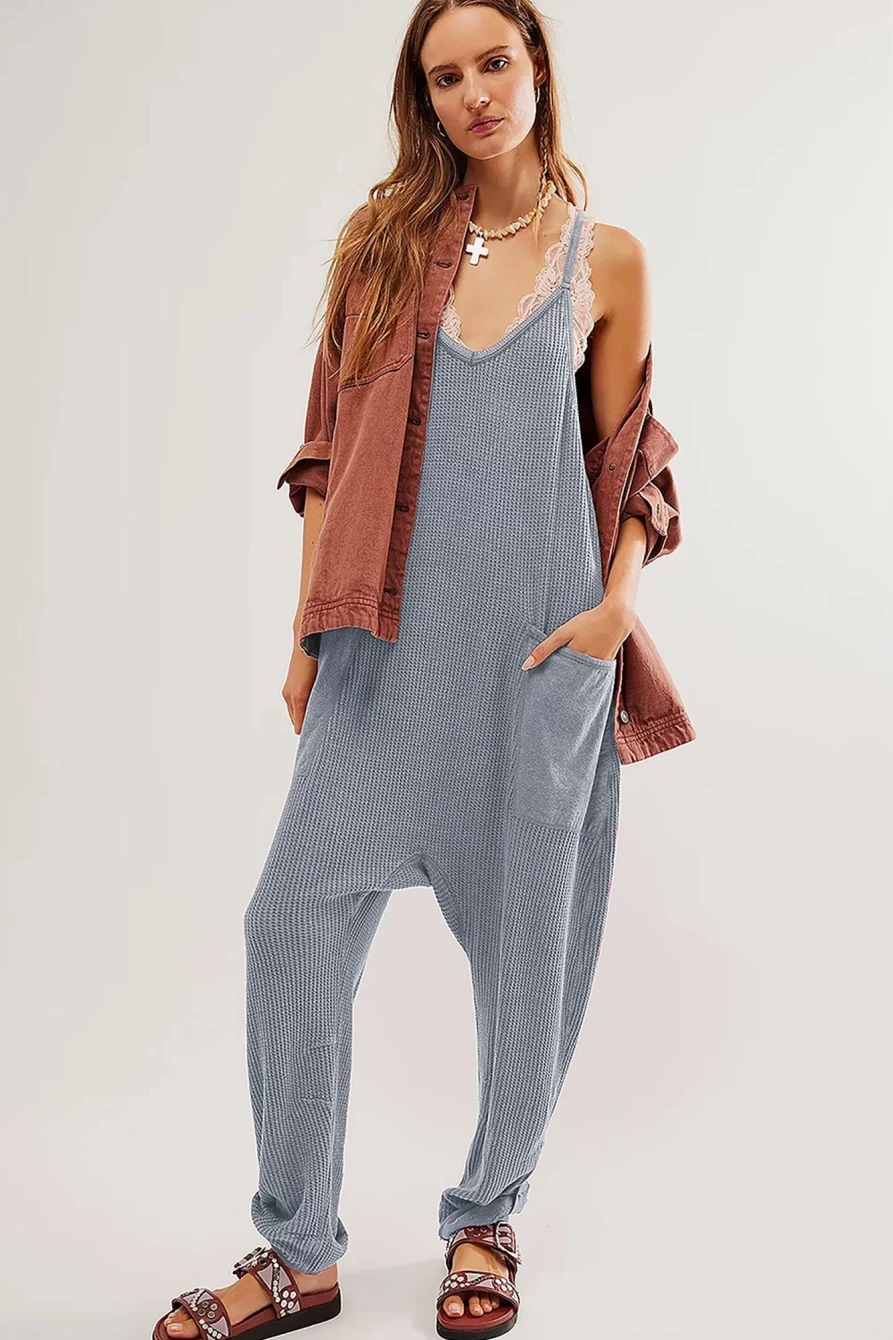 Shewin Women's Gray Waffle Knit Jumpsuit with Spaghetti Straps and Pockets