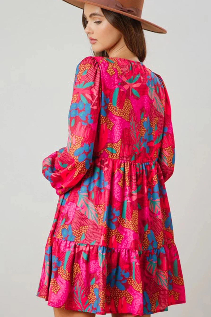 Shewin Women's Rose V-Neck Flowy Boho Dress with Bubble Sleeves and Floral Detail