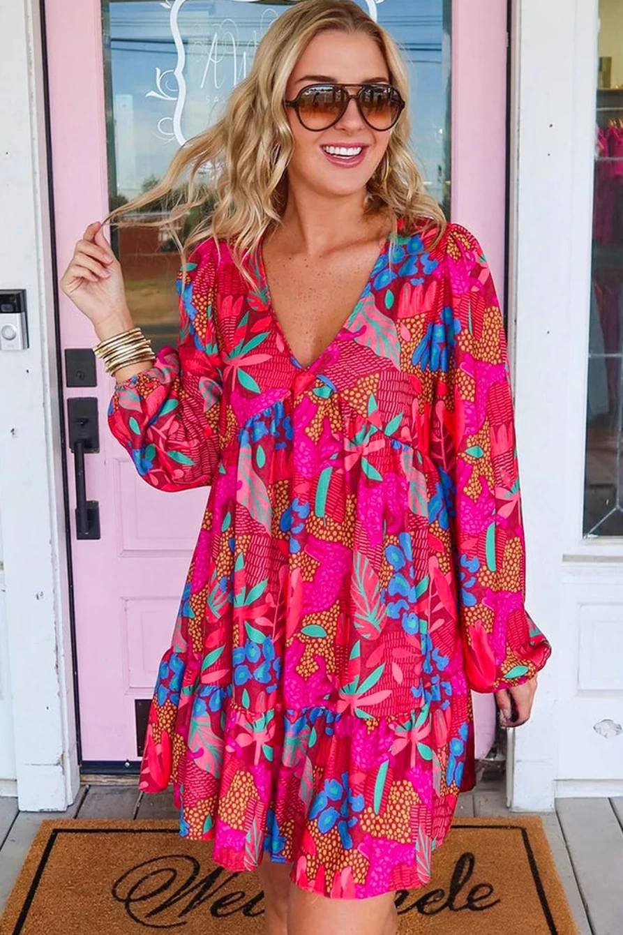 Shewin Women's Rose V-Neck Flowy Boho Dress with Bubble Sleeves and Floral Detail