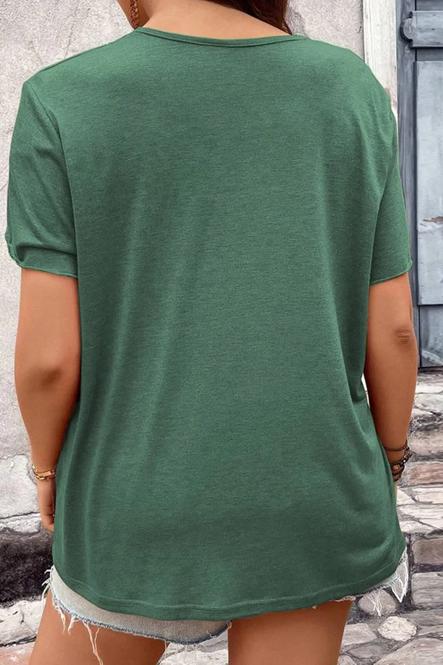 Shewin Women's Plus Size Blackish Green Contrast V-Neck Draped Sleeve Blouse