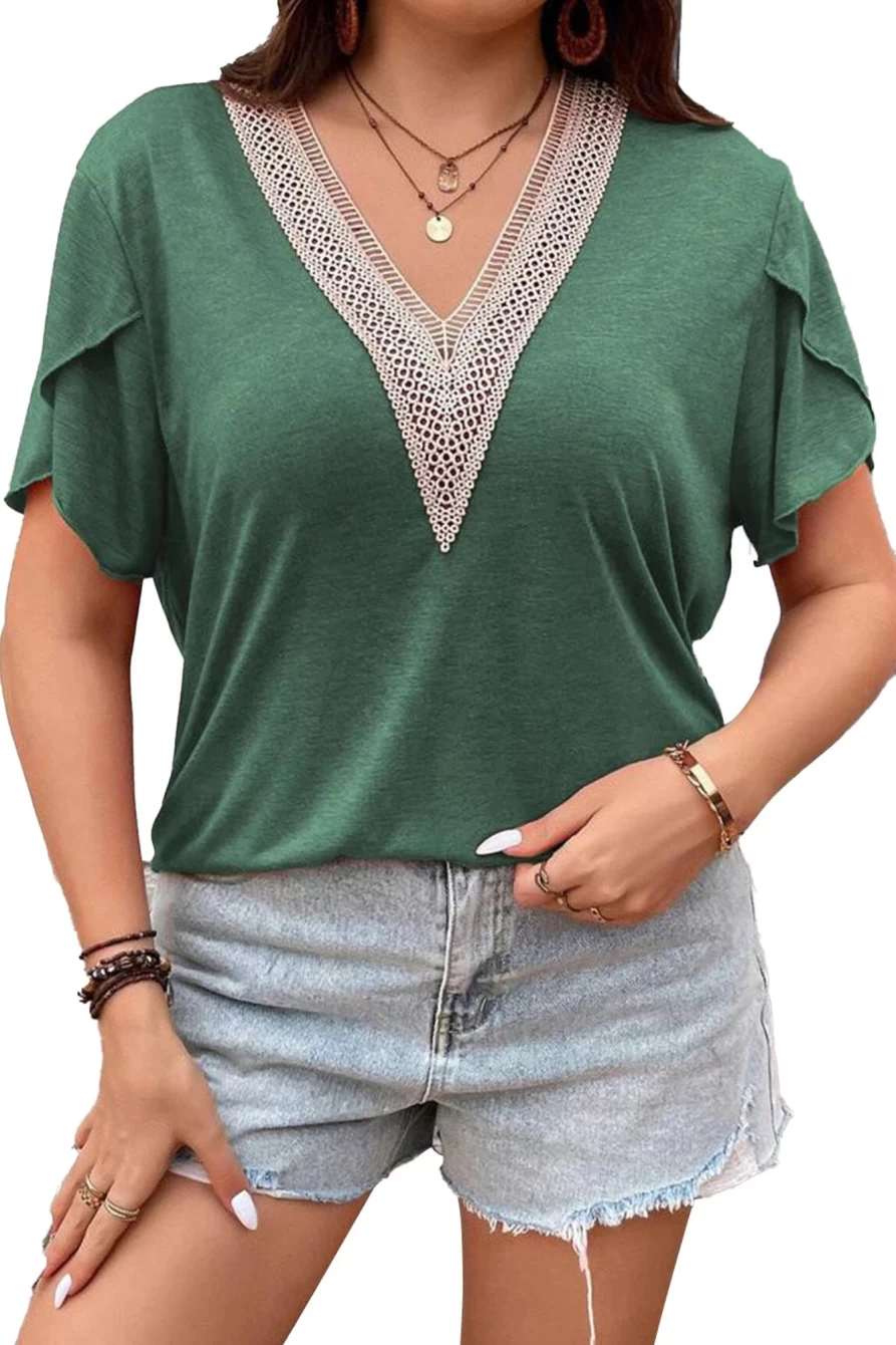 Shewin Women's Plus Size Blackish Green Contrast V-Neck Draped Sleeve Blouse