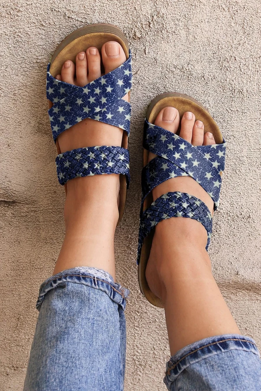Shewin Women's Blue Platform Sandals with Criss Cross Star Design - Braided Straps for Stylish Comfort