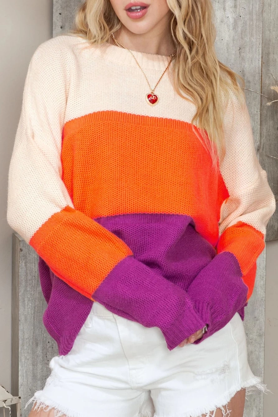 Shewin Women's Multicolor Color Block Knit Sweater - Drop Shoulder Round Neck Pullover