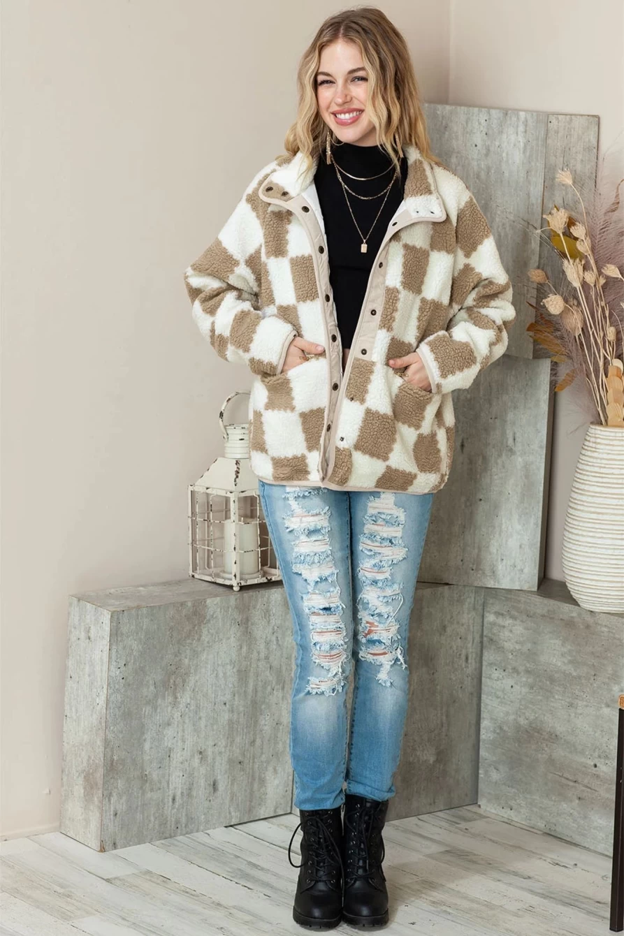 "Shewin Women's Brown Sherpa Jacket with Checked Snap Buttons & Zip Pockets"