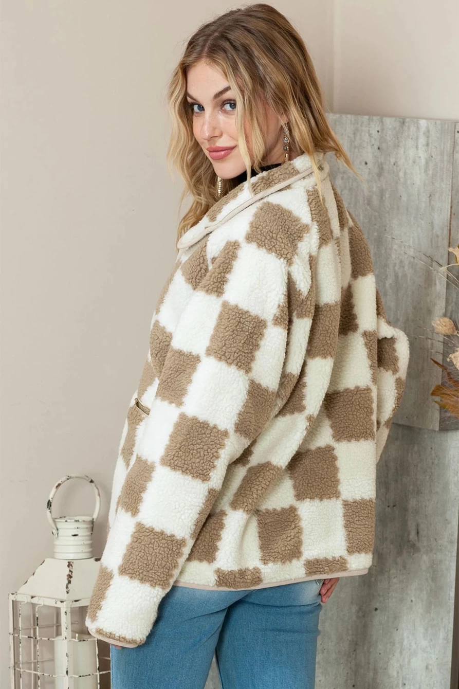 "Shewin Women's Brown Sherpa Jacket with Checked Snap Buttons & Zip Pockets"