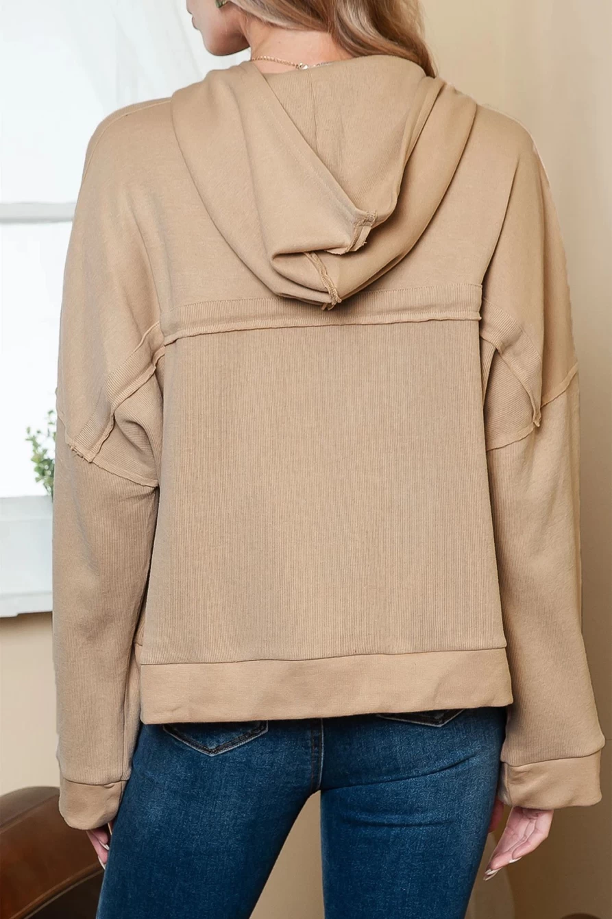 Shewin Women's Khaki Solid Casual Button Patchwork Hoodie with Seam Trim
