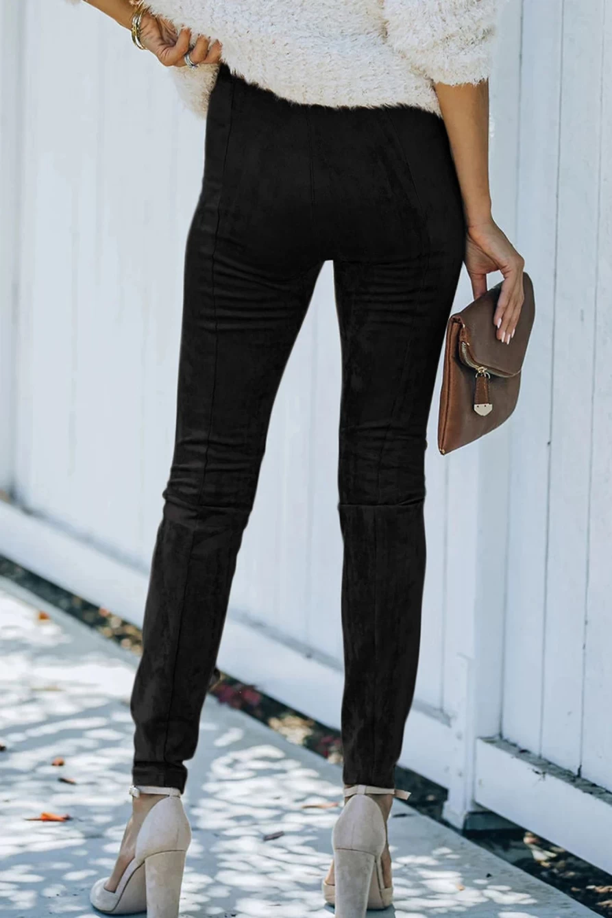 Shewin Women's Black Faux Suede Mid Rise Skinny Leggings
