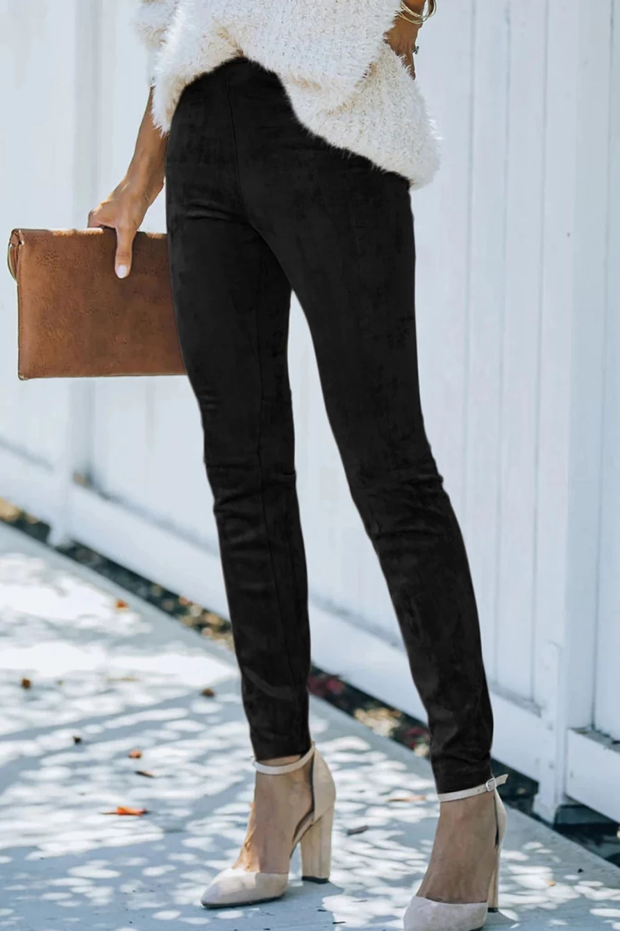 Shewin Women's Black Faux Suede Mid Rise Skinny Leggings