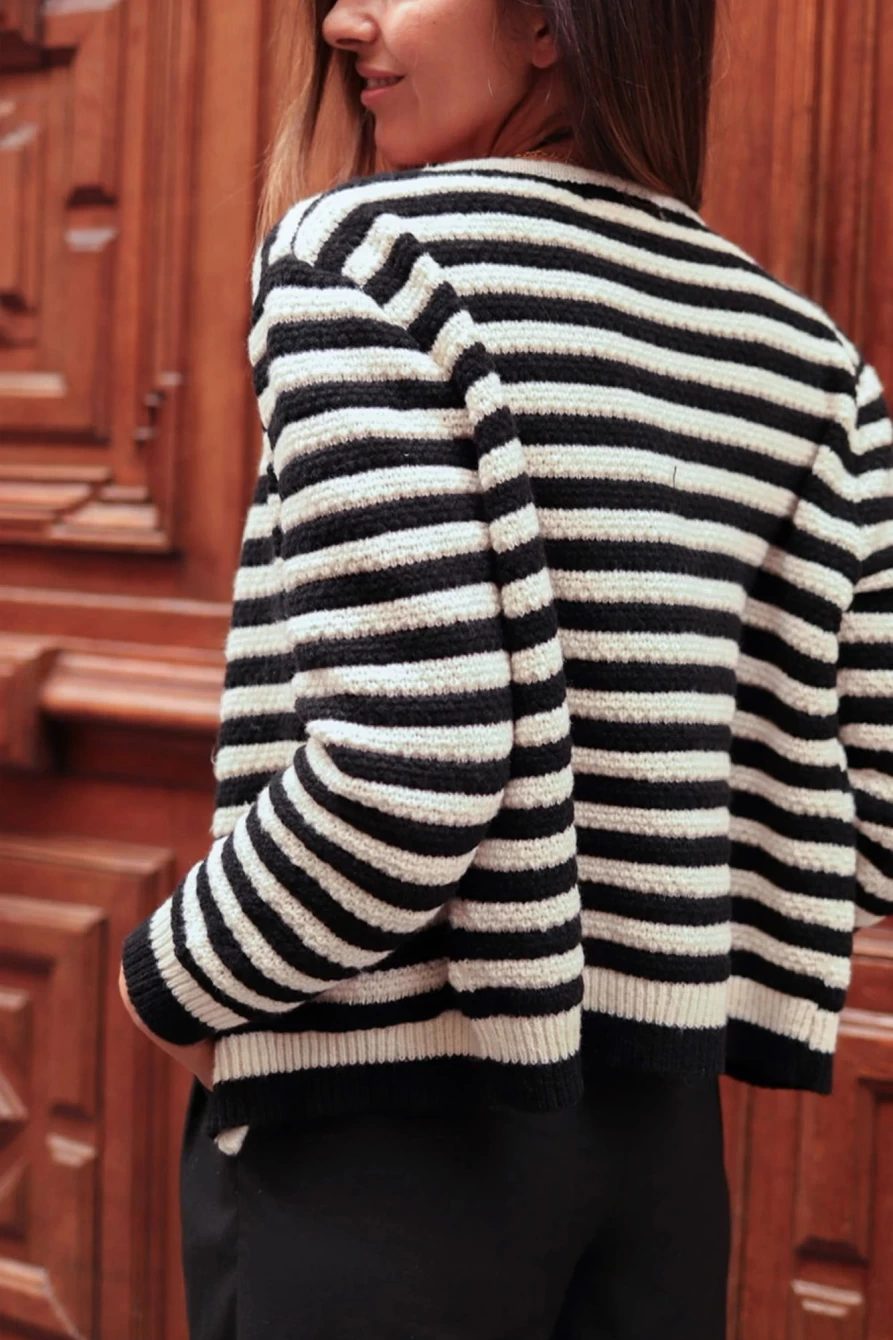 "Shewin Women's Black Contrast Striped Button-Up Cardigan Sweater"