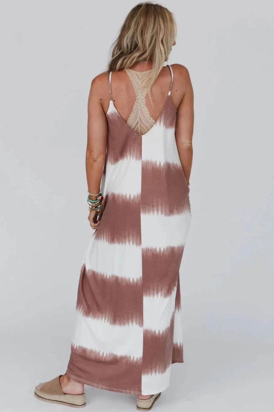 Shewin Women's White Stripe Tie Dye Spaghetti Strap Racerback Maxi Dress