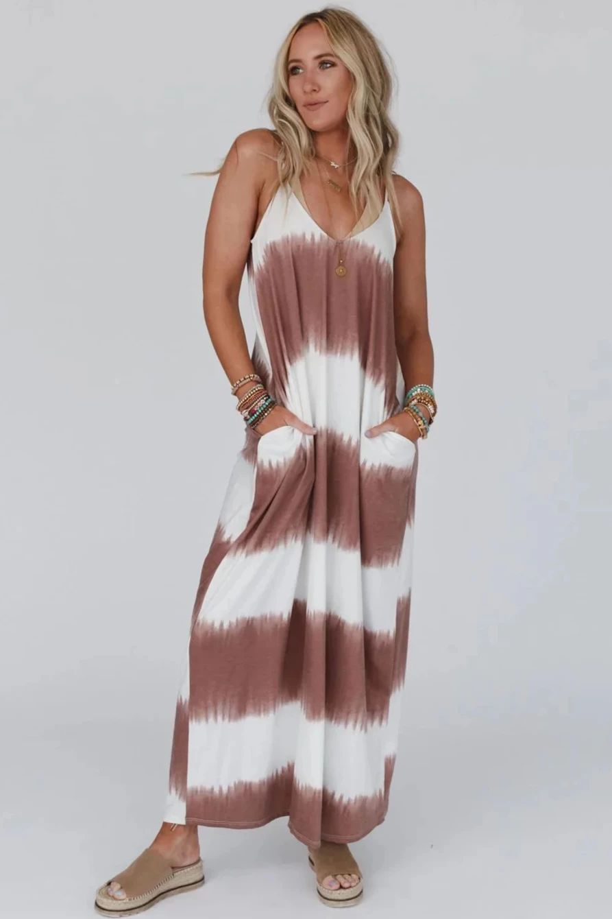 Shewin Women's White Stripe Tie Dye Spaghetti Strap Racerback Maxi Dress