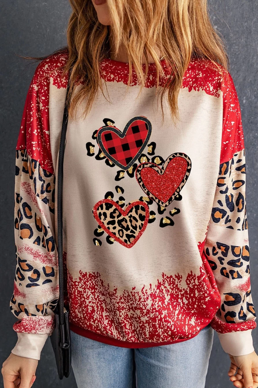 "SheWin Women's Red Bleached Leopard Print Heart Graphic Sweatshirt"