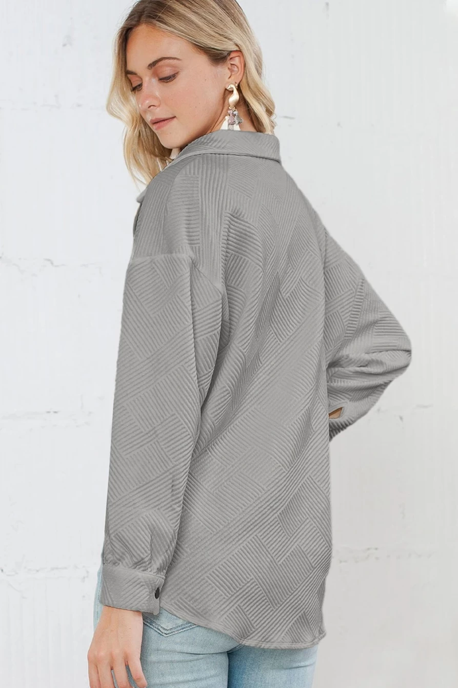 Shewin Women's Gray Textured Shacket with Flap Pockets and Button Front
