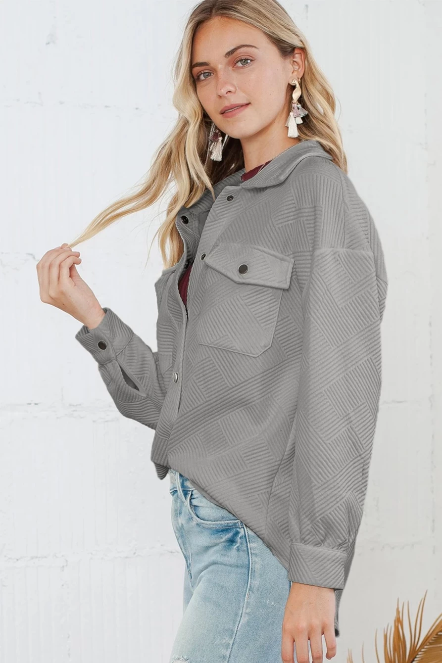 Shewin Women's Gray Textured Shacket with Flap Pockets and Button Front