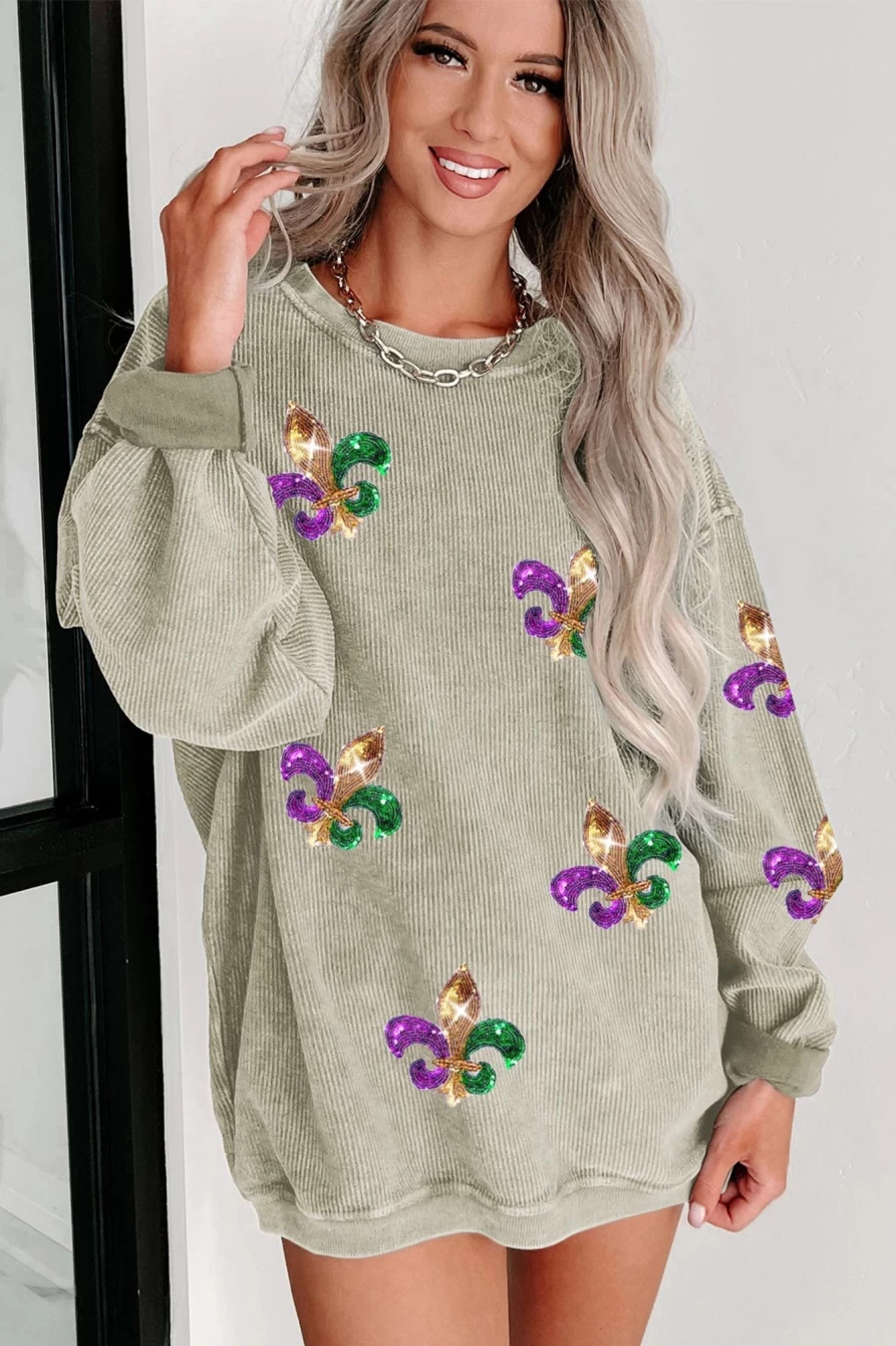 Women's Green Sequin Graphic Sweatshirt - Shewin Mardi Gras Party Top