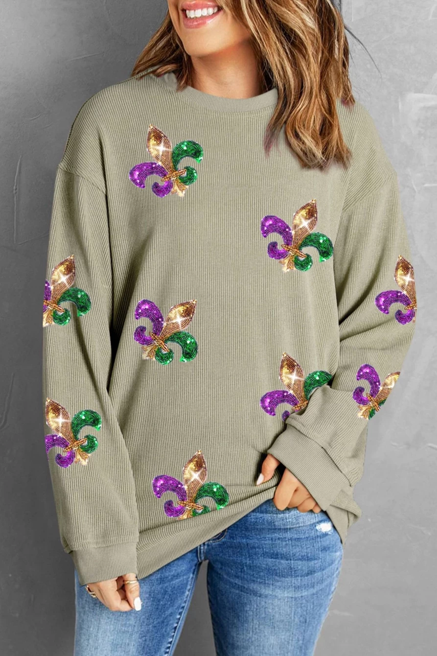 Women's Green Sequin Graphic Sweatshirt - Shewin Mardi Gras Party Top