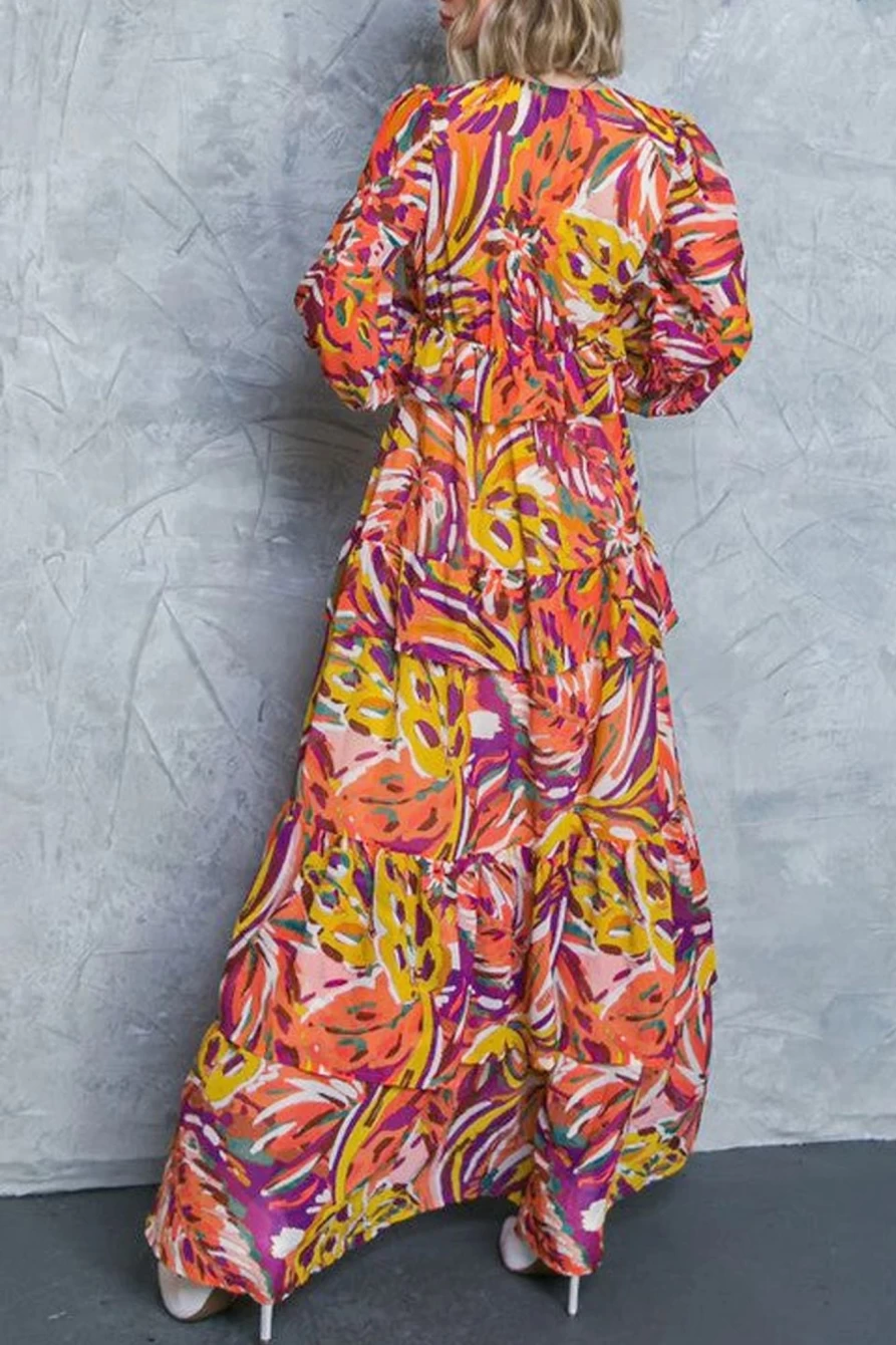 Shewin Women's Boho Maxi Dress with Abstract Print & Tassel Tie - Multicolour V-Neck Design