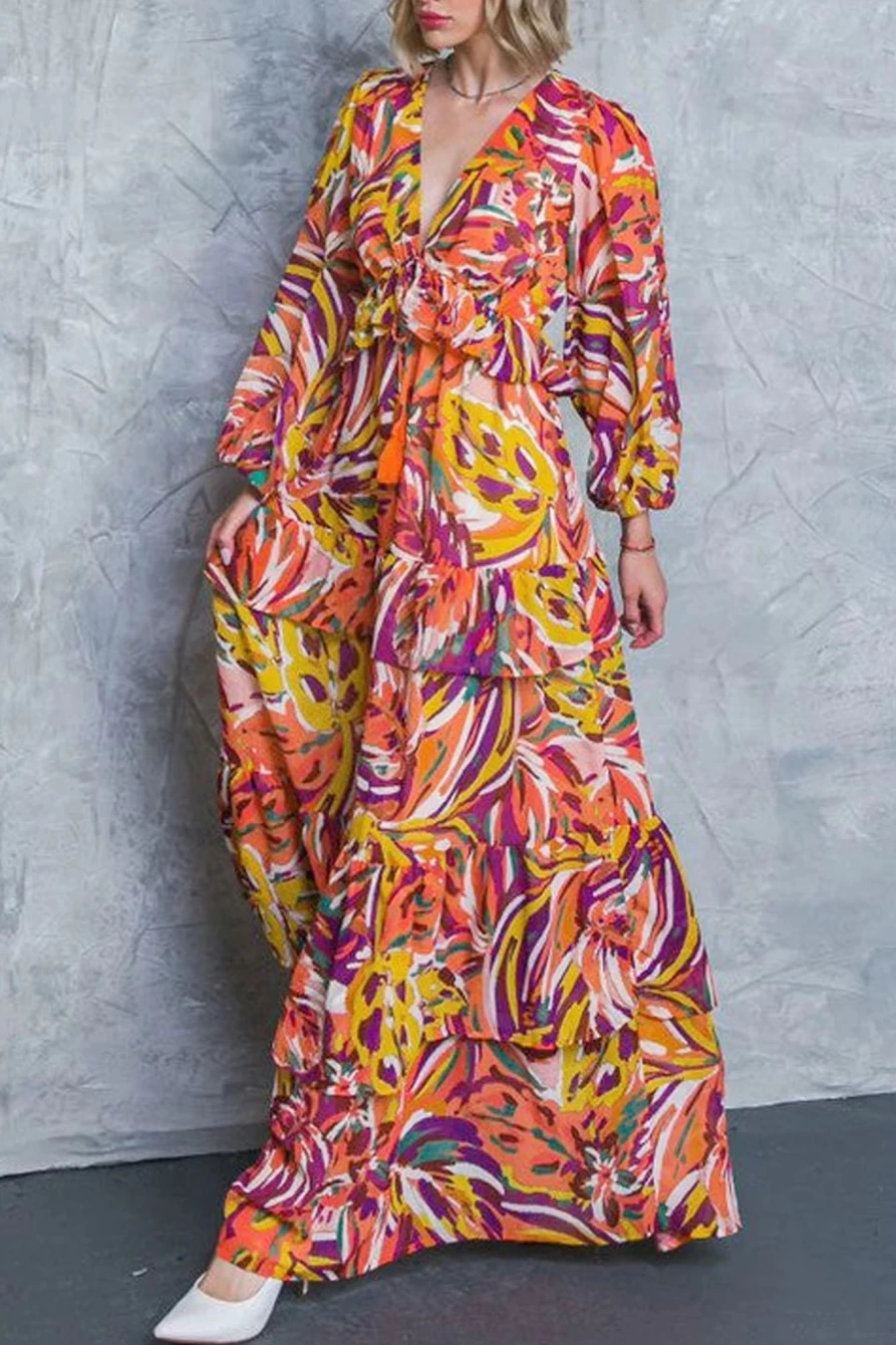 Shewin Women's Boho Maxi Dress with Abstract Print & Tassel Tie - Multicolour V-Neck Design