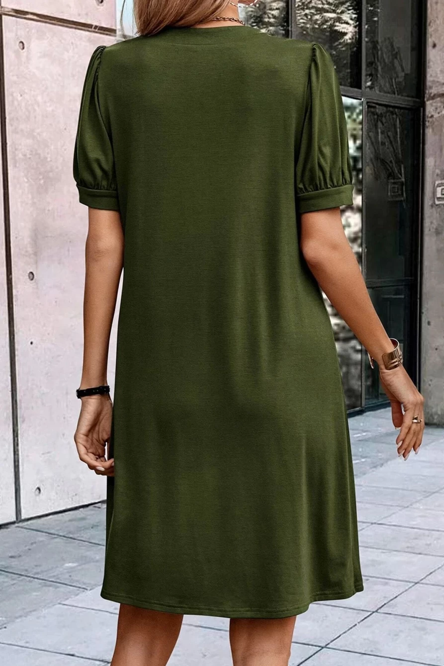 Shewin Women's Fern Green Notched Neck Puff Sleeve Pleated T-Shirt Dress