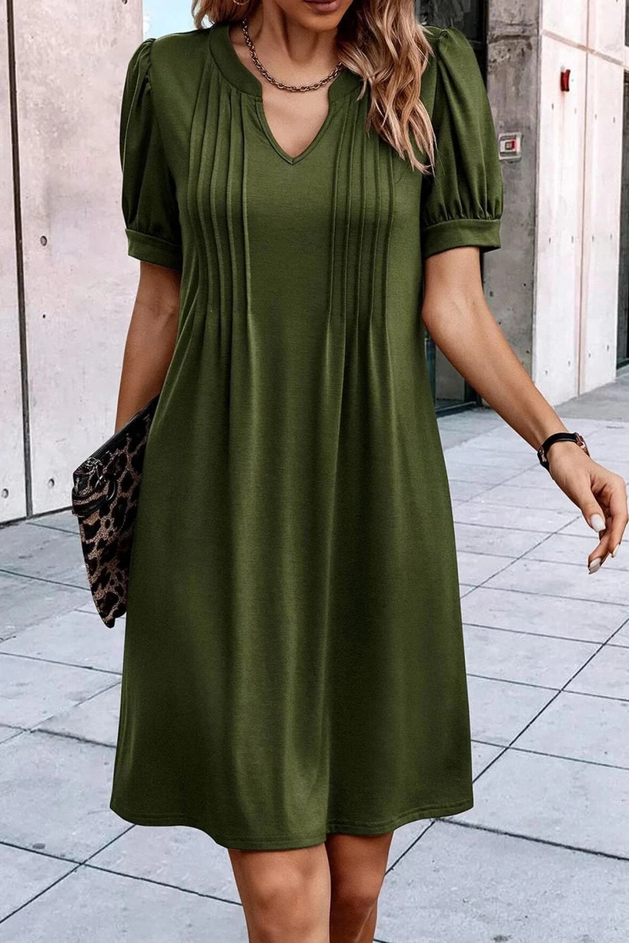 Shewin Women's Fern Green Notched Neck Puff Sleeve Pleated T-Shirt Dress