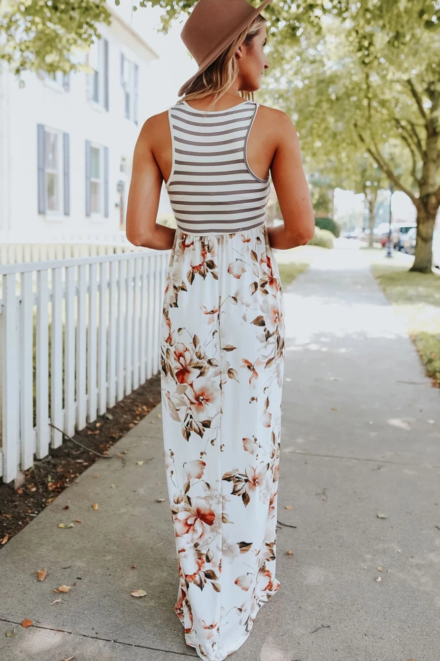 Shewin Women's White Boho Stripes & Floral Print Maxi Tank Dress