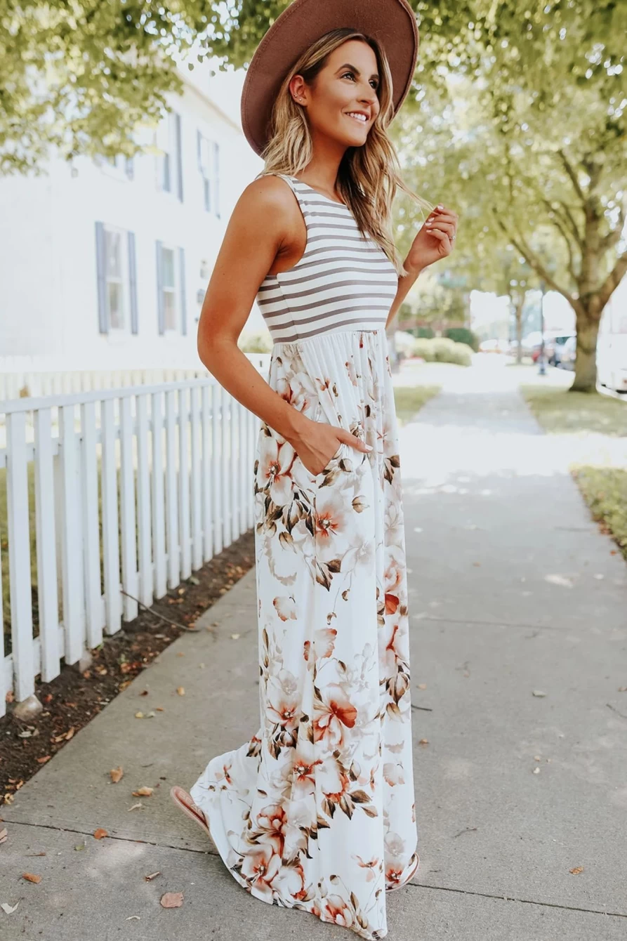 Shewin Women's White Boho Stripes & Floral Print Maxi Tank Dress