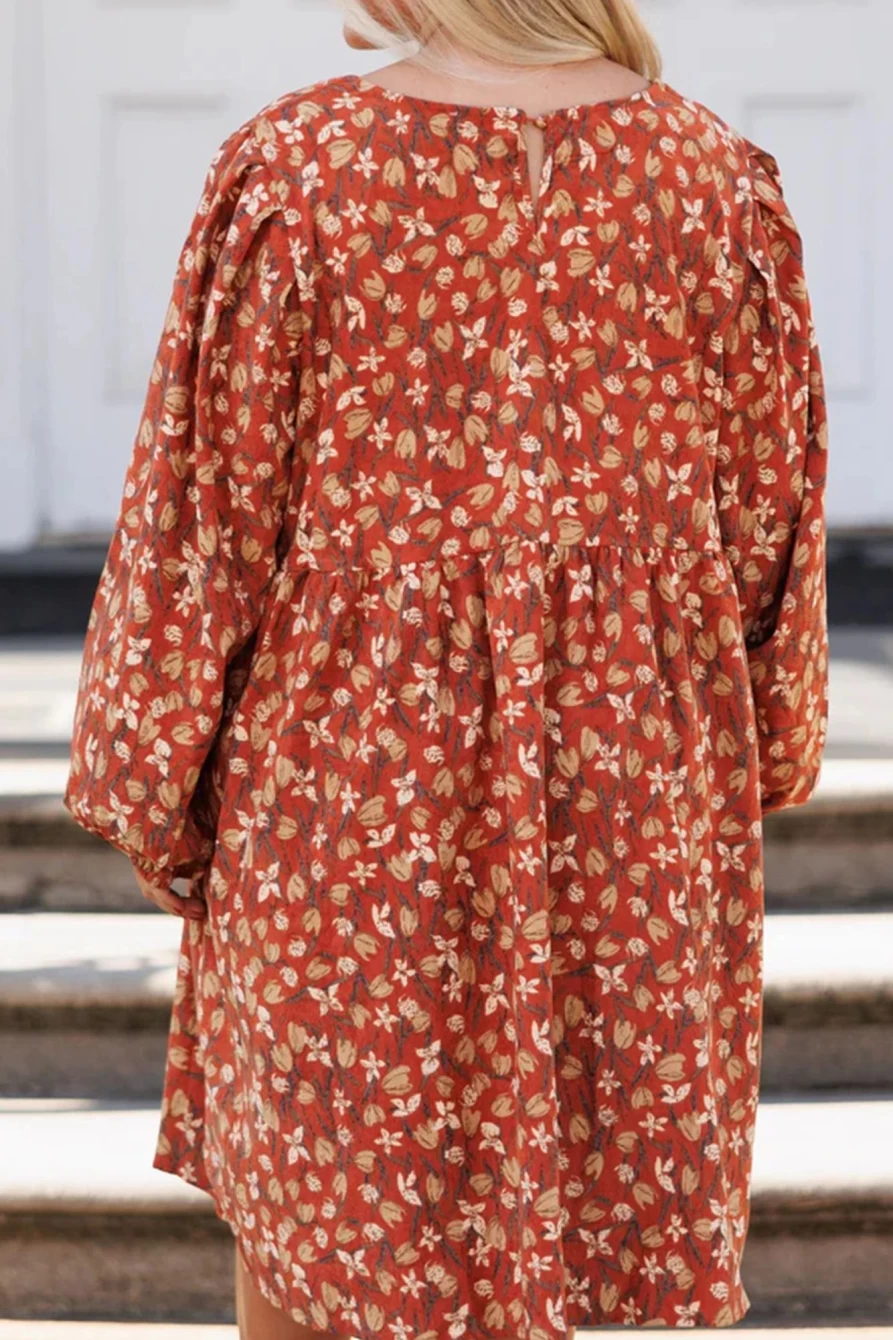 Shewin Women's Gold Flame Floral Print Square Neck Bubble Sleeve Plus Size Midi Dress