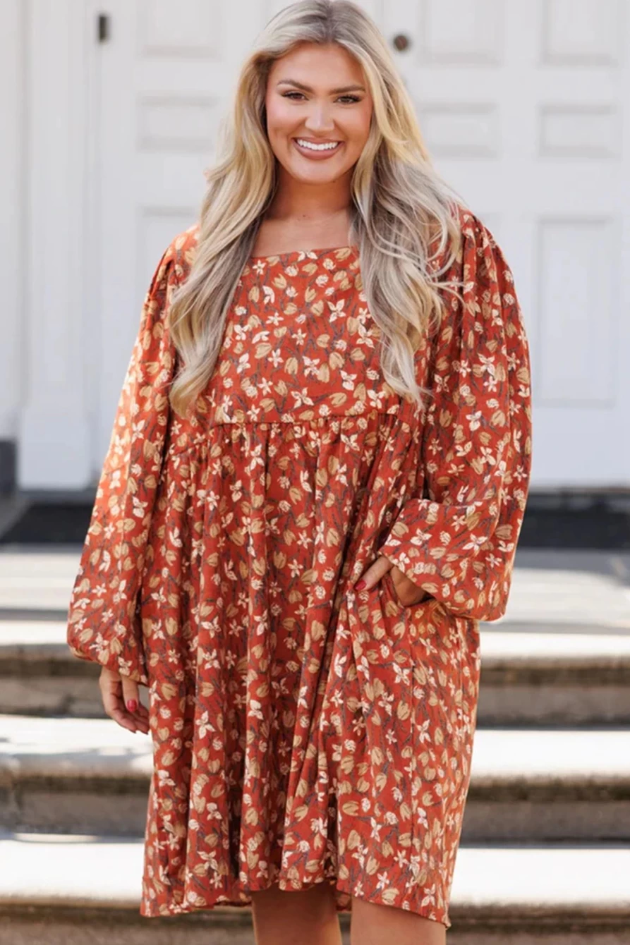Shewin Women's Gold Flame Floral Print Square Neck Bubble Sleeve Plus Size Midi Dress