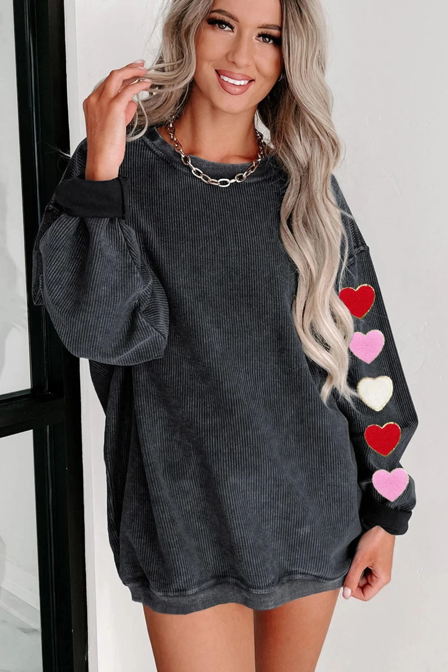 Shewin Women's Black Heart Embroidered Chenille Sweatshirt - Soft Graphic Corded Pullover