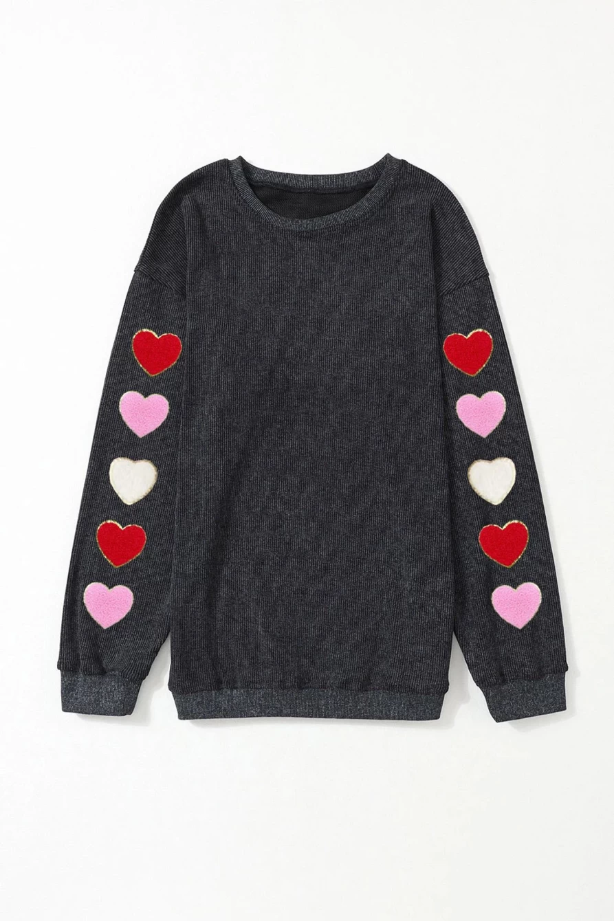 Shewin Women's Black Heart Embroidered Chenille Sweatshirt - Soft Graphic Corded Pullover