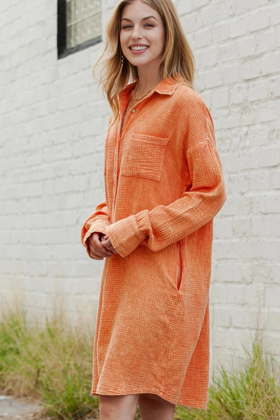 "SheWin Women's Orange Crinkled Button-Up Shirt Dress with Pockets"