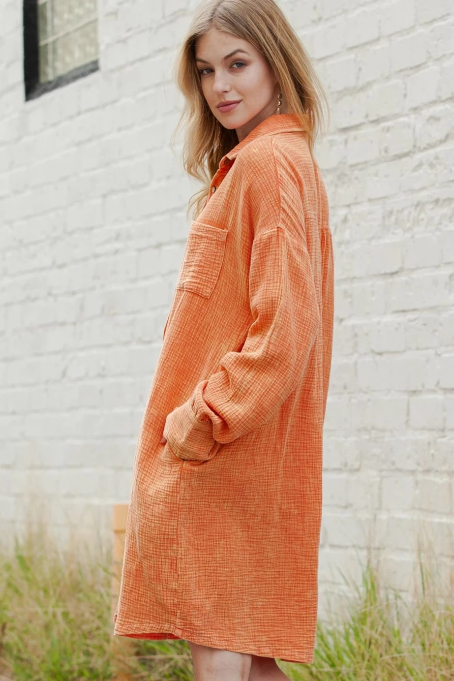 "SheWin Women's Orange Crinkled Button-Up Shirt Dress with Pockets"