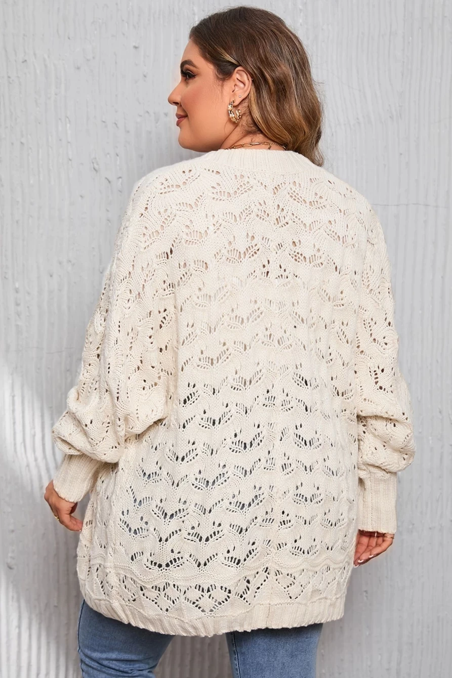 Shewin Women's Beige Plus Size Open Front Ribbed Cardigan with Hollowed Detail