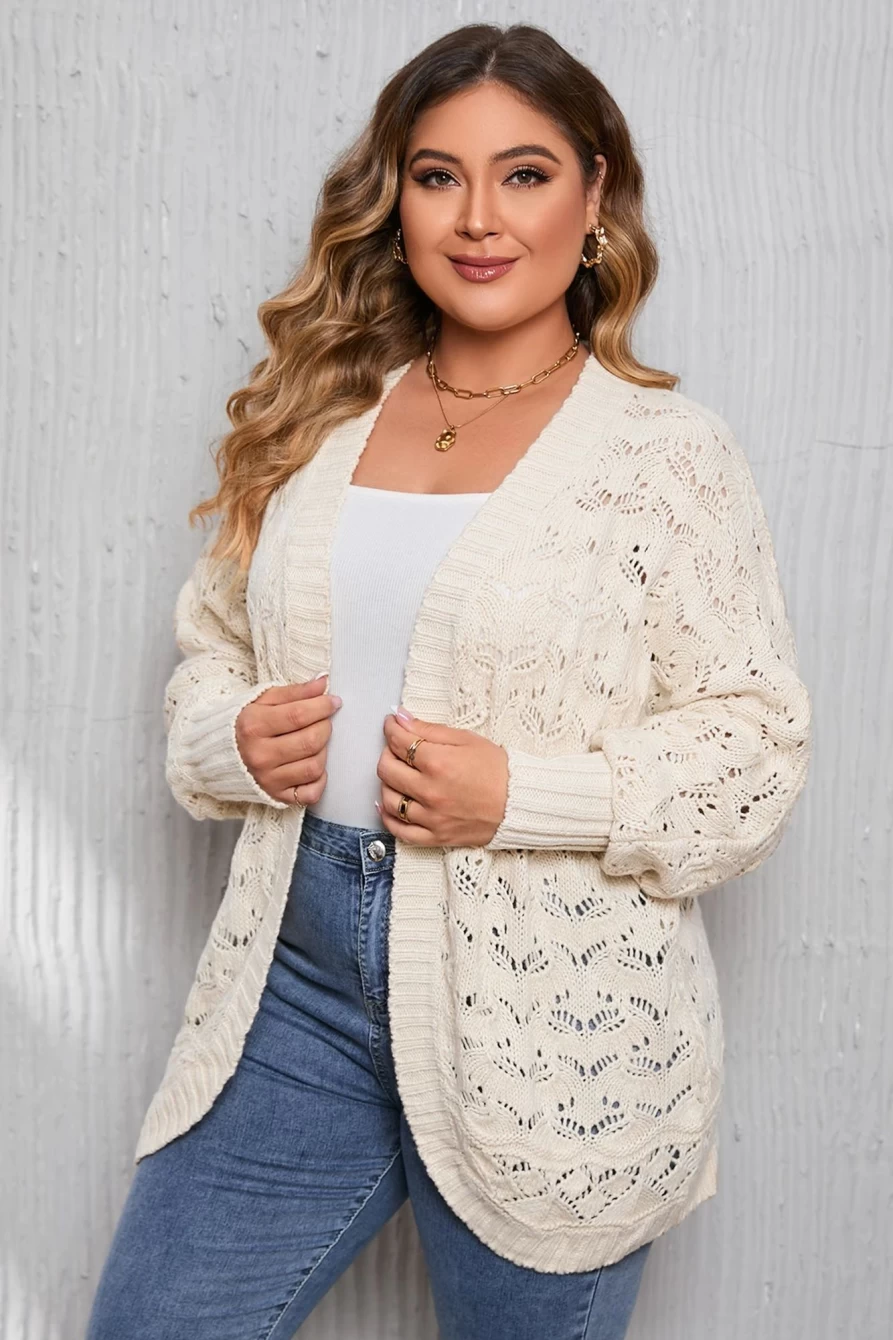 Shewin Women's Beige Plus Size Open Front Ribbed Cardigan with Hollowed Detail