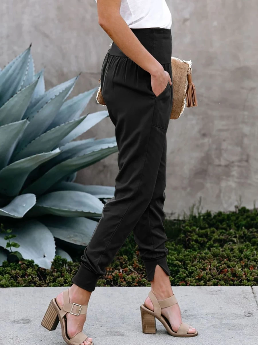 Shewin Women's Black Casual Joggers with Elastic Waist & Tapered Legs
