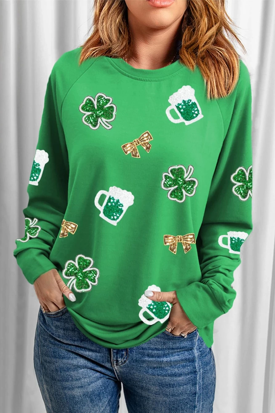 Shewin Women's Green St Patrick's Day Sequin Graphic Drop Shoulder Sweatshirt