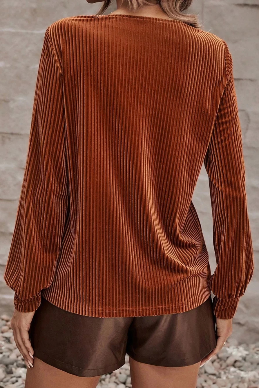 Shewin Women's Chestnut Velvet Half Zip Ribbed Blouse - Casual Long Sleeve Top